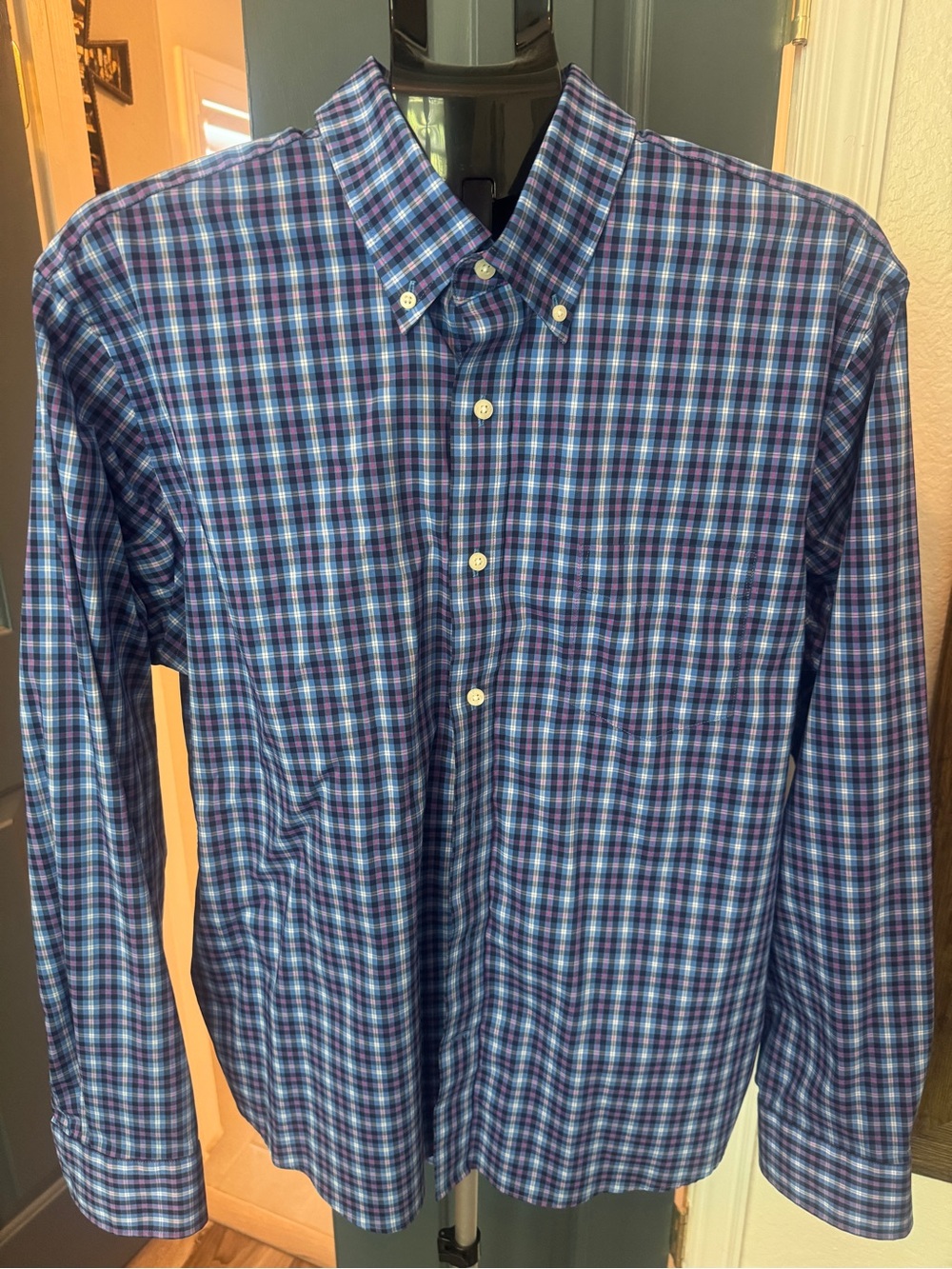 Lands' End Men's Blue and Purple Plaid Button-Down Shirt